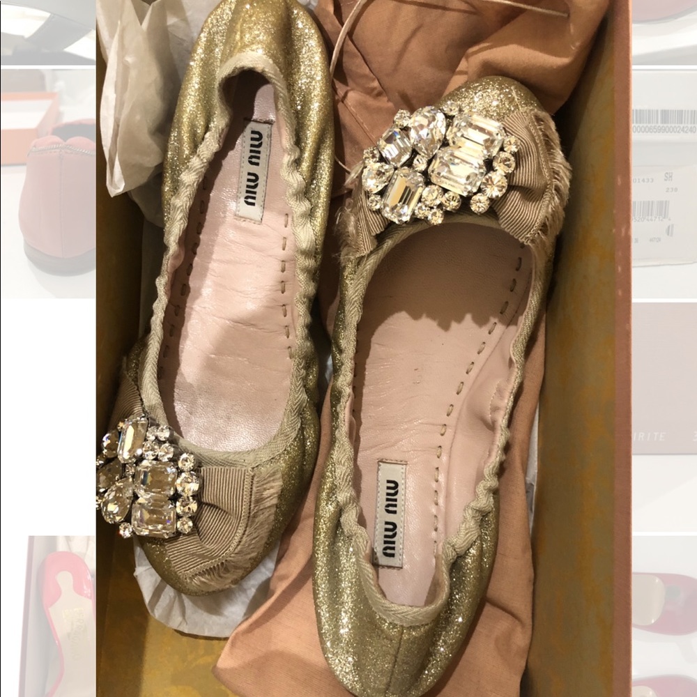 Miu Miu Gold Glitter Crystal Bow Ballet Flats